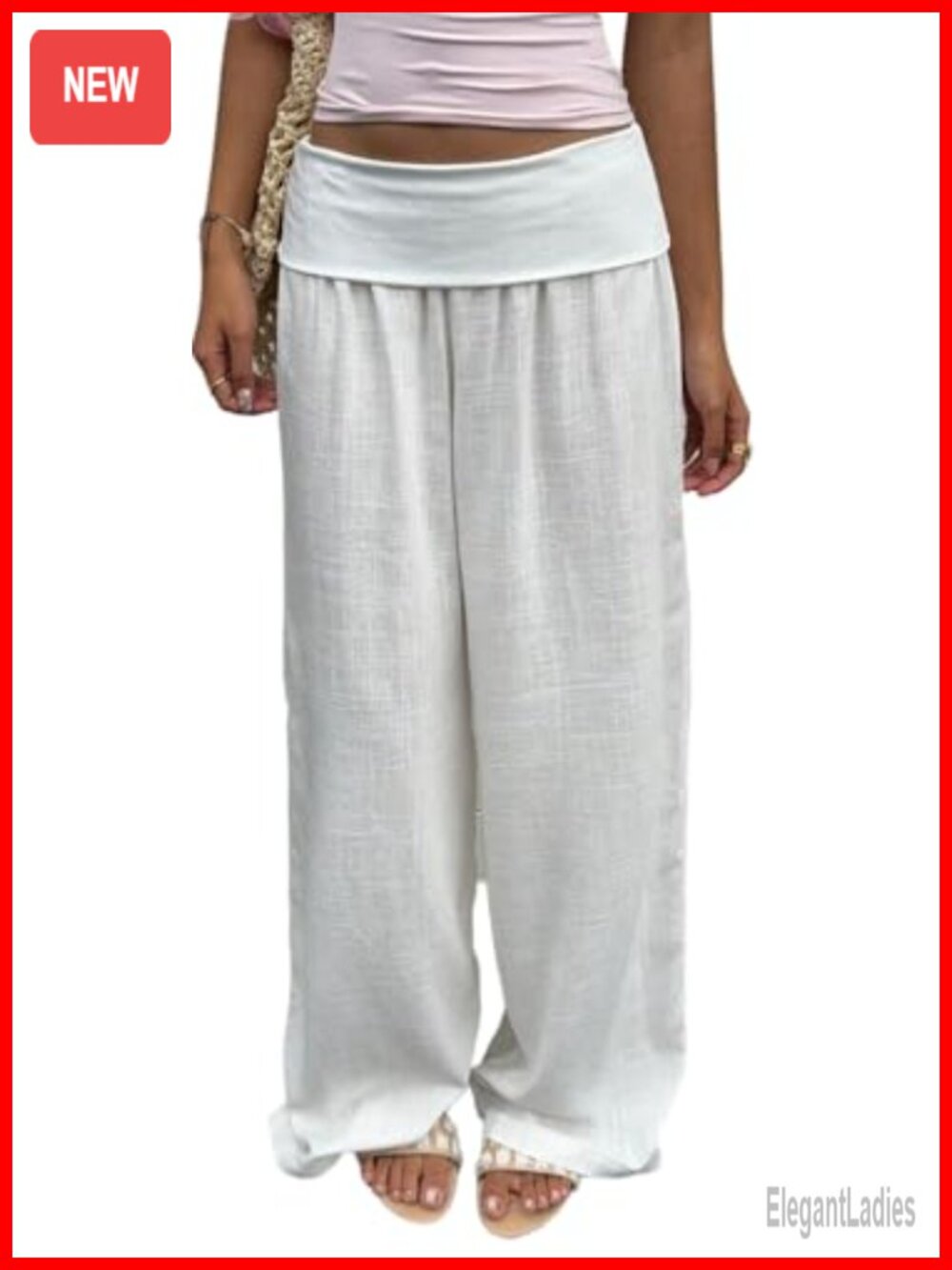 Boho Fold Over Palazzo Pants Low Rise Wide Leg Lounge Trousers Resort Wear Linen